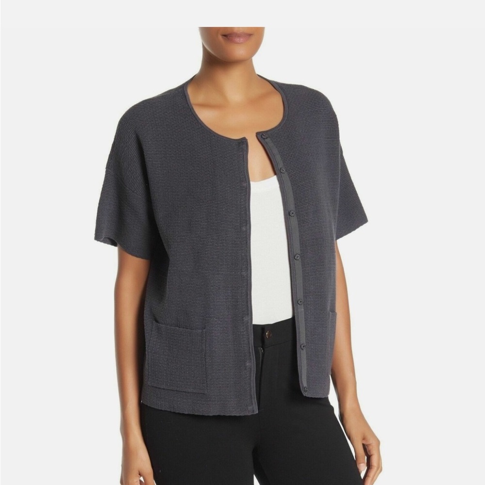 Eileen Fisher round neck gray knit silk blend cardigan size medium